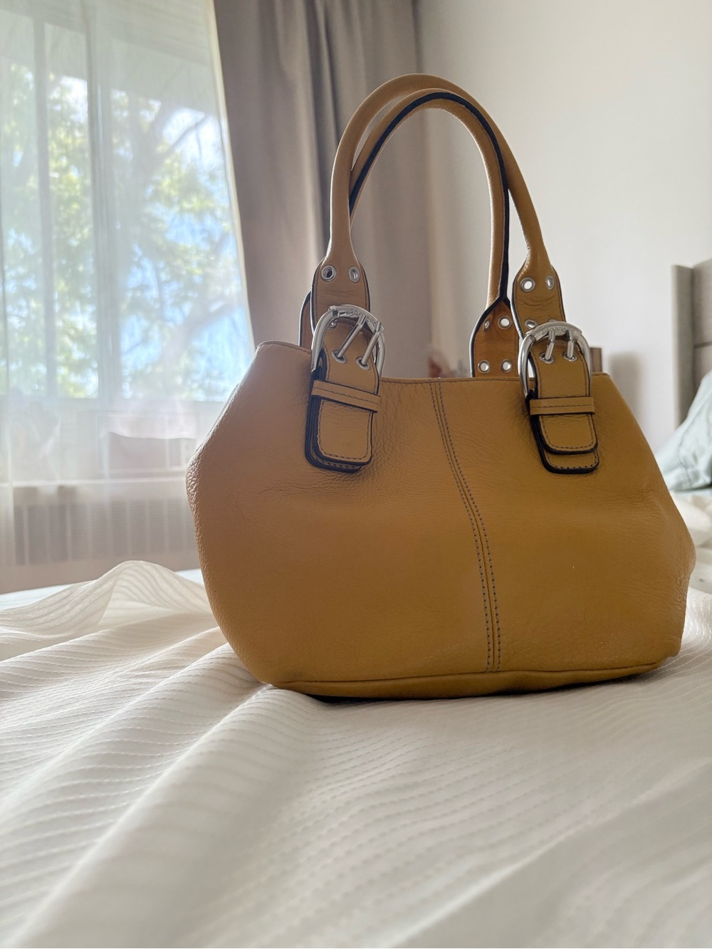 Tignanello Mustard Leather Shoulder Bag with Silver Buckles